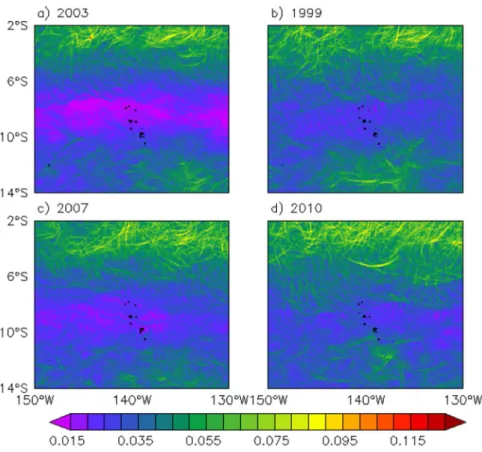 Figure 6b blue line vs. Figure 6a). The weak dynamical activity within the archipelago is typical of  neutral and El Niño years while during moderate to strong La Niña years (as defined with an index  threshold of −1 in Figure 6a), the FSLE activity increa