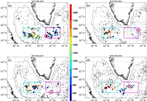 Figure 1. Positions of all Argo floats north of 55 ◦ N in the Atlantic between 1 January and 30 April (a) 2015, (b) 2016, (c) 2017 and (d) 2018 (black and colored points)