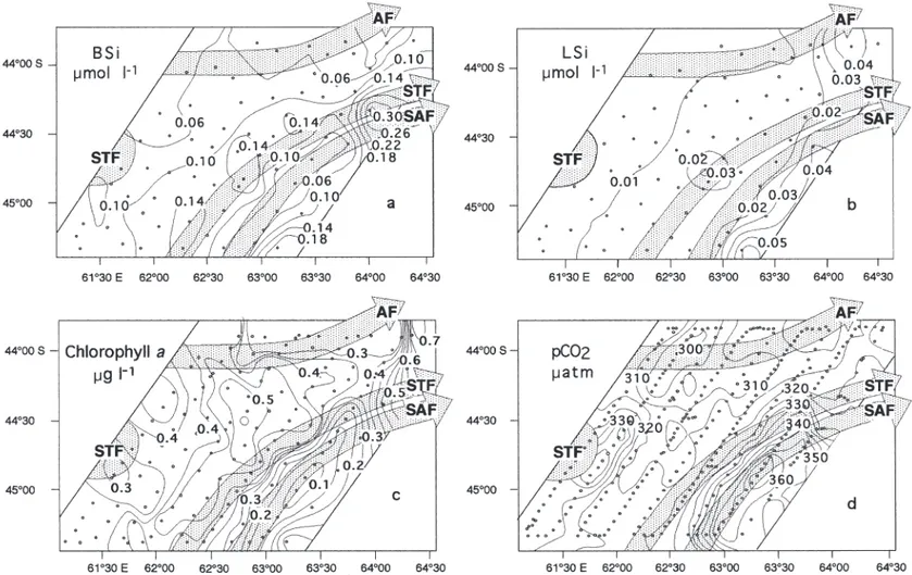 Fig. 3. Surface distribution of (a) biogenic silica concentration, (b) lithogenic silica concentration, (c) chl a concentration and (d) pCO 2