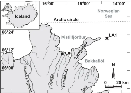 Figure 1  Norwegian Sea LA1Arctic circle 66°12'66°24' 15°00'16°00' 14°00'Þistilfjörður Bakkaflói 66°00' Langanes Sandá Sel áHafralónsáJökulsááFjöllum 20 km0NIceland
