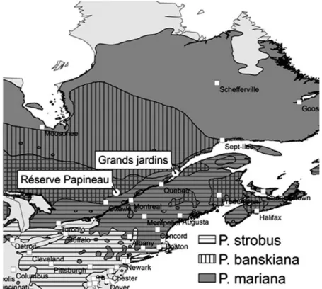 Figure 1.  Map locating study sites and the range of studied species within the study area.