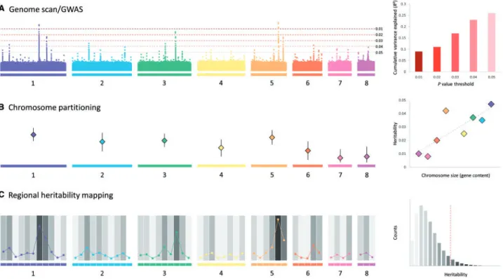 Figure 3. Conceptual plots illustrating 3 complementary approaches to dissect the genetic architecture of a complex fitness trait with a heritability of h 2 ¼0.3