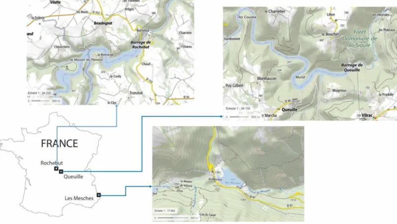 Figure 1 - Locality map showing the 3 sites in relation to France and detailed locality maps