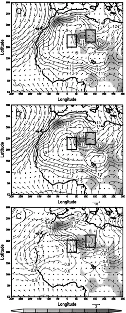 Figure 1. (a) Composite mean sea level pressure and 1000 hPa wind field (vector scale (m s 1 ) is displayed below) at t 0  5 averaged over the period 1968 – 1990 by using as the reference date t 0 the ITCZ shift date for each year