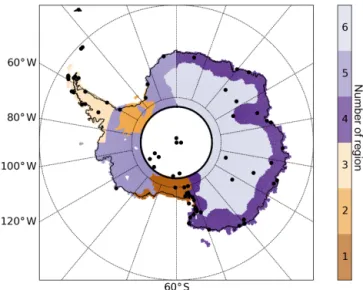 Figure 1. Map of the studied regions on the ERA5 grid. Numbers refer to the regions defined in Table B1