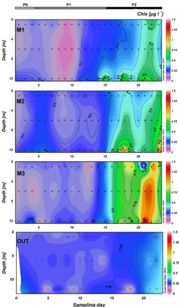 Figure 2. Total Chl a in µg L −1 at each of the three depths (1, 6 and 12 m) inside each mesocosm (M1, M2 and M3) and outside of mesocosms (OUT).