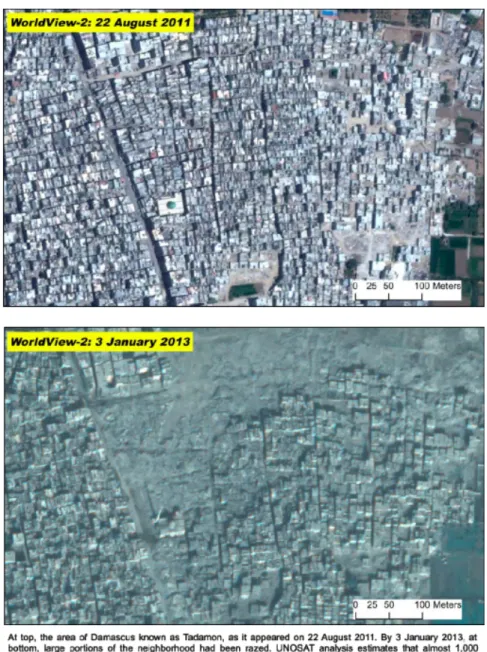 Figure   5:   Satellite   images   presented   by   the   Report   of   the   Independent   International   Commission   of   Inquiry    on    the    Syrian    Arab    Republic    (February    2013)    to    show    the    demolition    of    part    of   