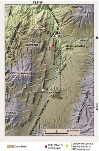 Figure 2. DEM 20 m topographic map and Quaternary settings of Quito region: the toponymy used in the text is reported together with volcanic ediﬁces, tectonic segments, and principal rivers