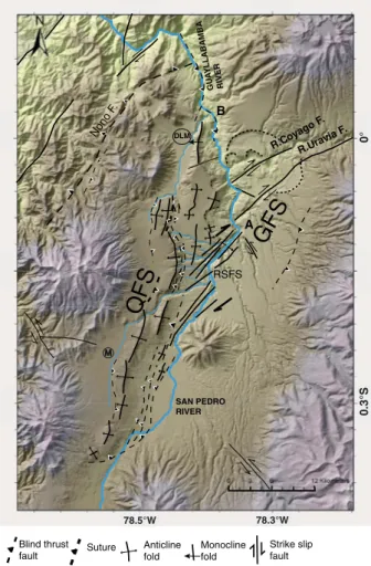 Figure 5. New neotectonic map of the Quito region. M: Machángara River; DLM: de las Monjas River; A and B, see in text; QFS: Quito Fault System; GFS: Guayllabamba Fault System