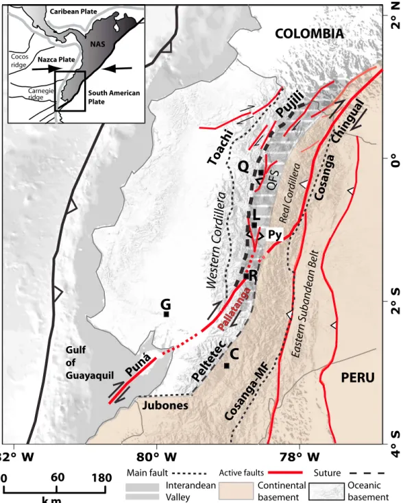 Figure 1. New active tectonic map of Ecuador. Major fault segments and their kinematics are reported in continuous red lines