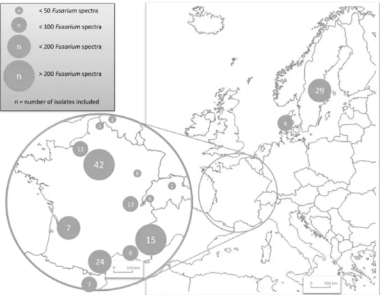 Figure 1. Geographical repartition of the 20 participating centers, and respective contribution to the  project as indicated by the number of spectra sent to the Mass Spectrometry Identification (MSI)  database