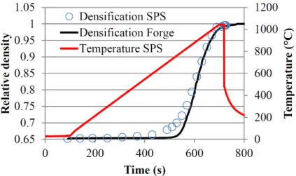 Figure 14. Densification kinetics by SPS of a TiAl alloy, compared with modeling by Forge soft- soft-ware and continuum mechanics, using constitutive relations of bulk TiAl [85]