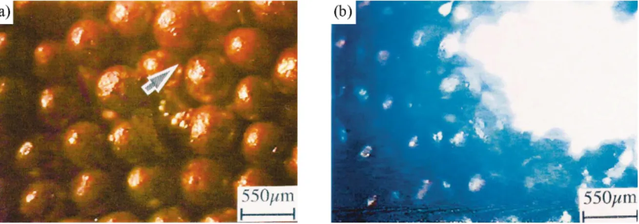 Figure 4. (a) Cu powder particles 550 µm in diameter. (b) Generation of an electric arc by a current pulse of 6700 A/cm 2 during 100 ms, at the location indicated by an arrow in Figure (a) [8]