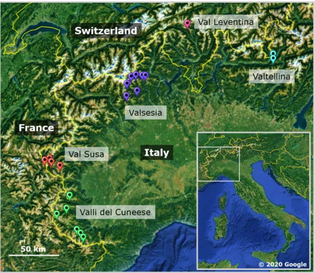Figure 1. Map of the study area in North-Western Italy and bordering areas in France and  Switzerland