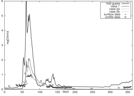 Fig. 2. Surface chlorophyll (mg Chla m  3 ) for year 1997. Crosses are the surface observations