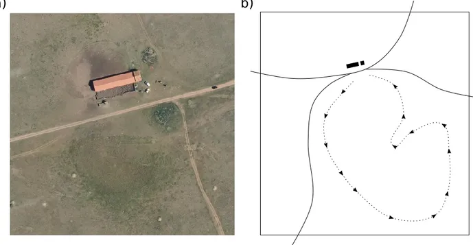 Figure S2 - (a) Aerial view of a sheepfold (Google maps), in which the nitrophilous plant communities (dark green) are clearly visible