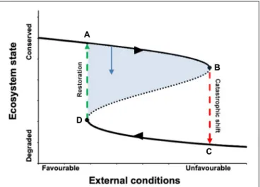 FIGURE 1 | The catastrophic shifts concept. The upper solid line following the arrow represents the gradual decline of the ecosystem as the external pressures become increasingly unfavorable (section A–B)