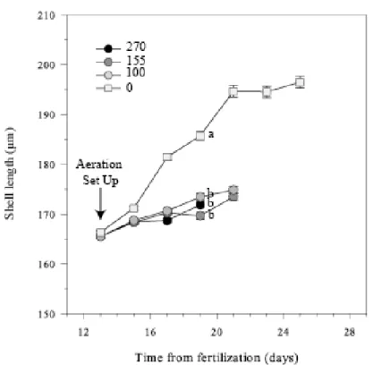 Figure 3: Evolution of shell length (µm) in Pecten maximus larvae, exposed, from 13 days post- post-fertilization (dpf), to four different aeration levels, 0, 100, 155 and 270 ml min -1 
