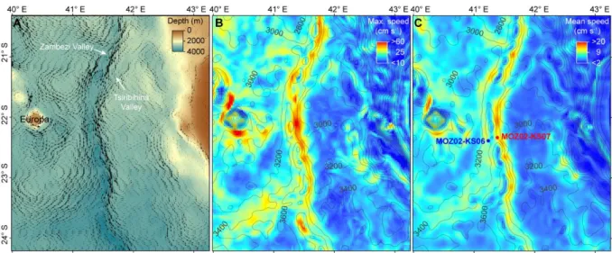 Fig. 8. Zoom of the simulated bottom circulation at the Zambezi turbidite system: (A) Bathymetry and 775 