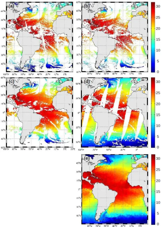 Figure 2. Example of daily sea surface temperature (SST) products over the Atlantic Ocean  on 18 June 2010 from three thermal-infrared sensors: (a) MODIS/AQUA, (b) 