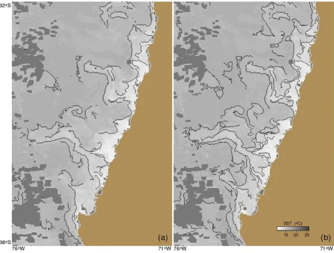 Figure 3. Example of front detection of sea surface temperature (SST) in the Chilean Humboldt  Current System based on the (a) single-image edge detection (SIED) of Cayula and Cornillon (1992)  and (b) its modified version using sliding windows (Nieto, 200