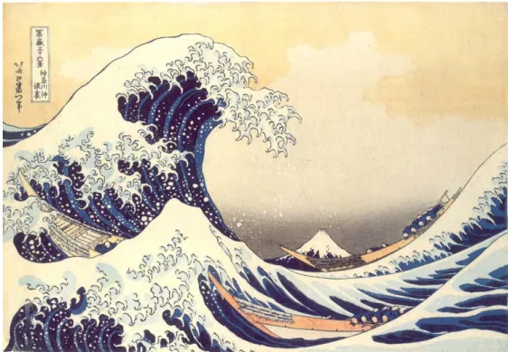 Figure 1. Hokusai, La Grande Vague de Kanagawa, estampe publiée en 1830-1831  (gravure sur bois nishiki-e, 25 cm × 37 cm, ōban yoko-e, Metropolitan Museum of Art, New York)