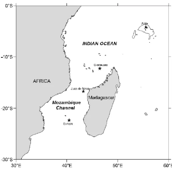Figure  1.  Map  of  southwestern  Indian  Ocean  showing  the  location  of  the  study  colonies  (filled stars)