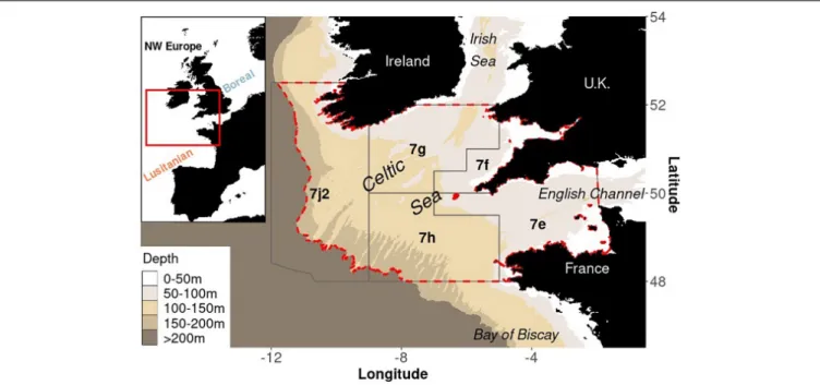 FIGURE 1 | General location of the Celtic Sea (top left corner) and delimitation of the study area regarding physical and management boundaries