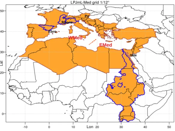 Figure 2. Map of theLPJmL-Med model domain (1/12 degree resolution). It includes all catchments of rivers flowing into the Mediterranean, plus the whole area of Mediterranean or related countries (see text)