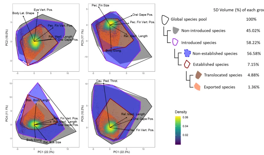 Figure 2 Distribution of the different groups of species in the five dimensional morphological space of the world fish fauna