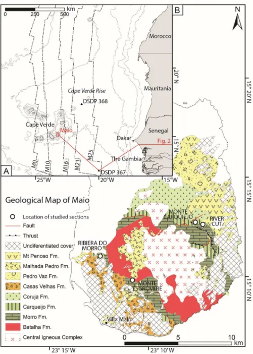 Fig.  1  (A)  –  Location  map  of  the  Cape  Verde  archipelago  with  magnetic  anomalies  (M0  ~125  Ma,  Barremian-Aptian boundary; M10 ~130 Ma; M16 ~145 Ma; M21 ~148 Ma; M25 ~154 Ma; Seton et al.,  2014),  DSDP  boreholes  and  location  of  Fig