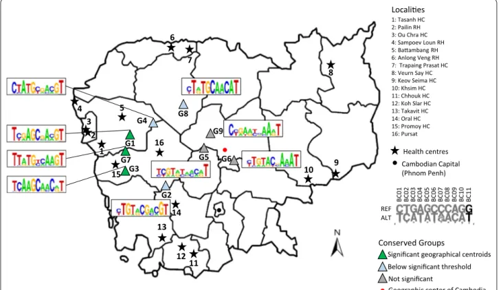 Fig. 4  Geographic distribution of the 282 isolates clustered in nine groups and Weblogo representation of the consensus sequence