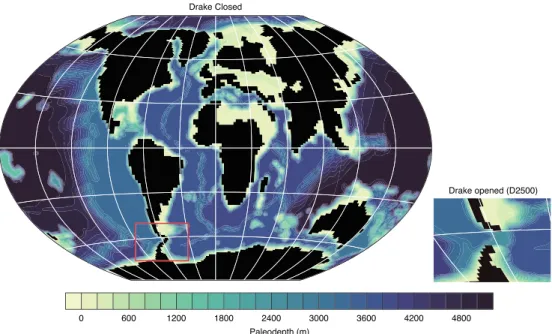 Figure 1. Eocene bathymetry (40 ma) used in the different modeling experiments. The red square indicates the Drake Passage (DP) location