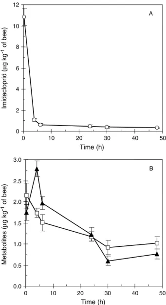 Figure 2. Biotransformation kinetics of imidacloprid after oral exposure to 50 µ g kg − 1 bee