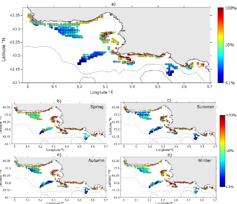 Figure 2: maps of Local Retention (LR, in % using log-scale) for a PLD of 6 hours. Panel (a) represents the multi-annual  mean (over 2009-2011); lower panels are seasonal averages: (b) spring, (c) summer, (d) autumn, (e) winter