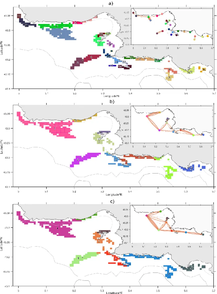 Figure 5: maps of clustered coralligenous patches. Synthetic provinces are derived from the multi-annual mean  connectivity matrices for PLD = 6h in panel (a), for PLD =24h in panel (b) and for PLD=48h in panel (c)