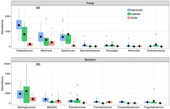 Figure 6. Abundance of SC-species-associated microbial taxa. (a) Fungal genera and (b) bacterial genera in the airborne PM 10 samples and surrounding environmental samples