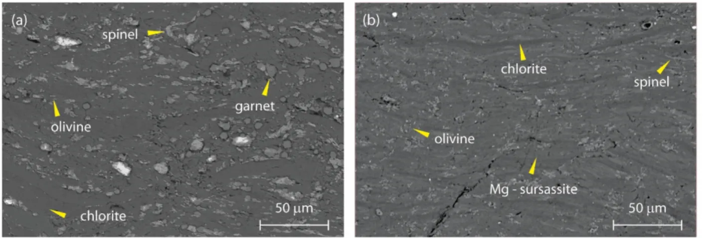 Figure 3. Scanning electron microscope backscattered electron images showing the chlorite sample after dehydration at  (a) 1.8 GPa and (b) 3.8 GPa