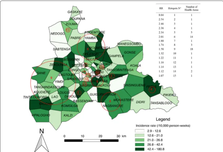 Fig. 4  Spatial pattern of incidence per health area and spatial hotspots for low transmission periods