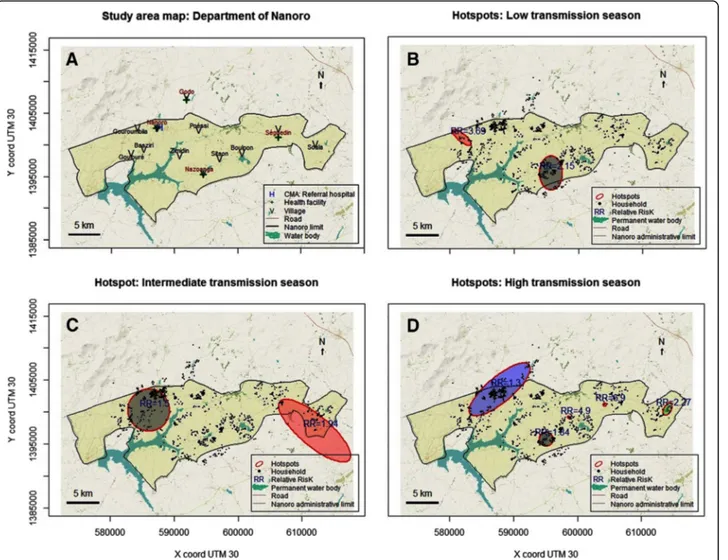 Fig. 4 Map of Nanoro (a) with water bodies, villages and health facilities. Hotspots of cumulative weekly malaria incidence in Nanoro: High transmission period (b), Intermediate transmission period (c), Low transmission period (d)