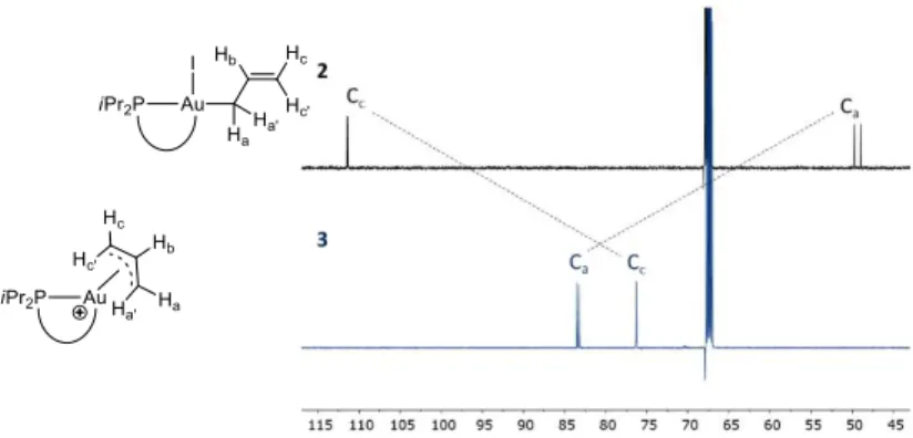 Figure 2. NMR spectra (selected zones) of the neutral -allyl and cationic -allyl gold(III) complexes 2 and 3 in d 8 -THF