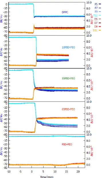 Figure 7. QCMD's measurements of the adsorption and desorption of 0, 10%, 35%, 65% and 100% mol PBD-b-PEO:DPPC in  NaCl 0.1M and CaCl 2  10mM