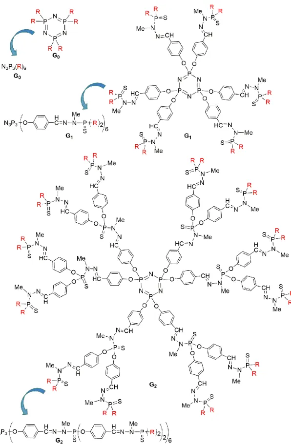 Figure  1.  Full  chemical  structure  of  phosphorhydrazone  dendrimers  of  generations  zero  (G 0 ),  one  (G 1 ), and two (G 2 )