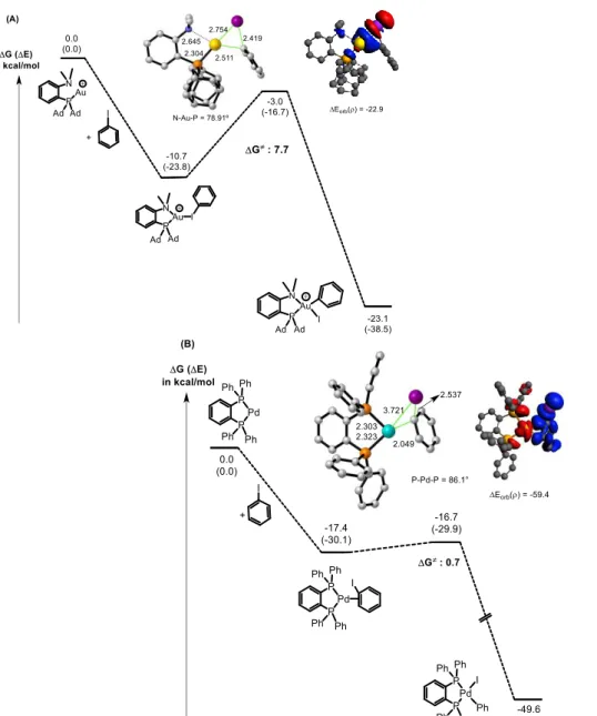 Figure 3. Reaction profiles computed for the oxidative addition of iodobenzene to the real (P,N) gold complex (A) and to a model (P,P) palladium complex (B)