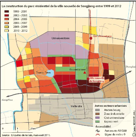 Figure 3 :La construction des nouveaux secteurs résidentiels deSongjiang entre 1999 et 2012 (Source : relevés  terrain en mars 2011 | Cartographie : C