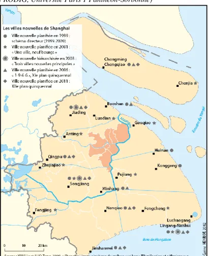 Figure 2 : Villes nouvelles et programmes de redéploiement polycentriques entre 1999 et 2012 (Sources : Wang  et Li, 2006 : 8-11 ; Henriot, 2011 : 52-53, 83-88 ; Yu et Luo, 2009 : 15 | Cartographie : C