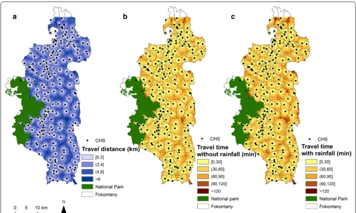 Fig. 3  Interpolated distance and travel time between each household and CHSs. a Spatial variation in the distance to join the nearest CHS, with  shades of blue representing 4 distance classes: 0–2, 2–4, 4–6 and &gt; 6 km