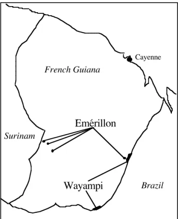 Figure 1. The Émérillon speaking areas within French Guiana (based on Goury 2002)  Émérillon belongs to the 8th branch of the Tupi-Guaraní family (Rodrigues 1984-5),  which includes a number of languages spoken in Brazil as well as Wayampi, Émérillon’s  cl