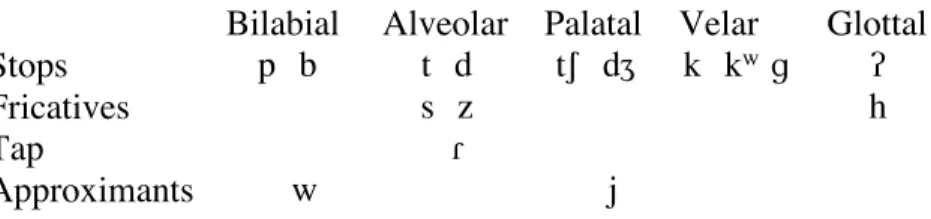Table 1. The consonant phonemes of Émérillon (after Rose 2000)  Bilabial  Alveolar  Palatal  Velar  Glottal 