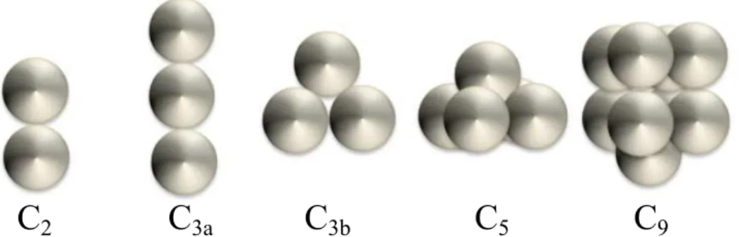 Fig 1. Geometry of the simulated aggregates. C stands for clusters, the number indicates the number of spheres and the letter in small cap stands for the various configurations.